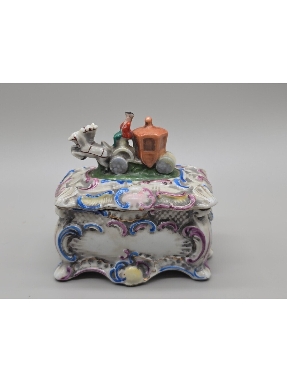 Vintage Made in Japan Porcelain Trinket Box Horse Drawn Carriage Figural